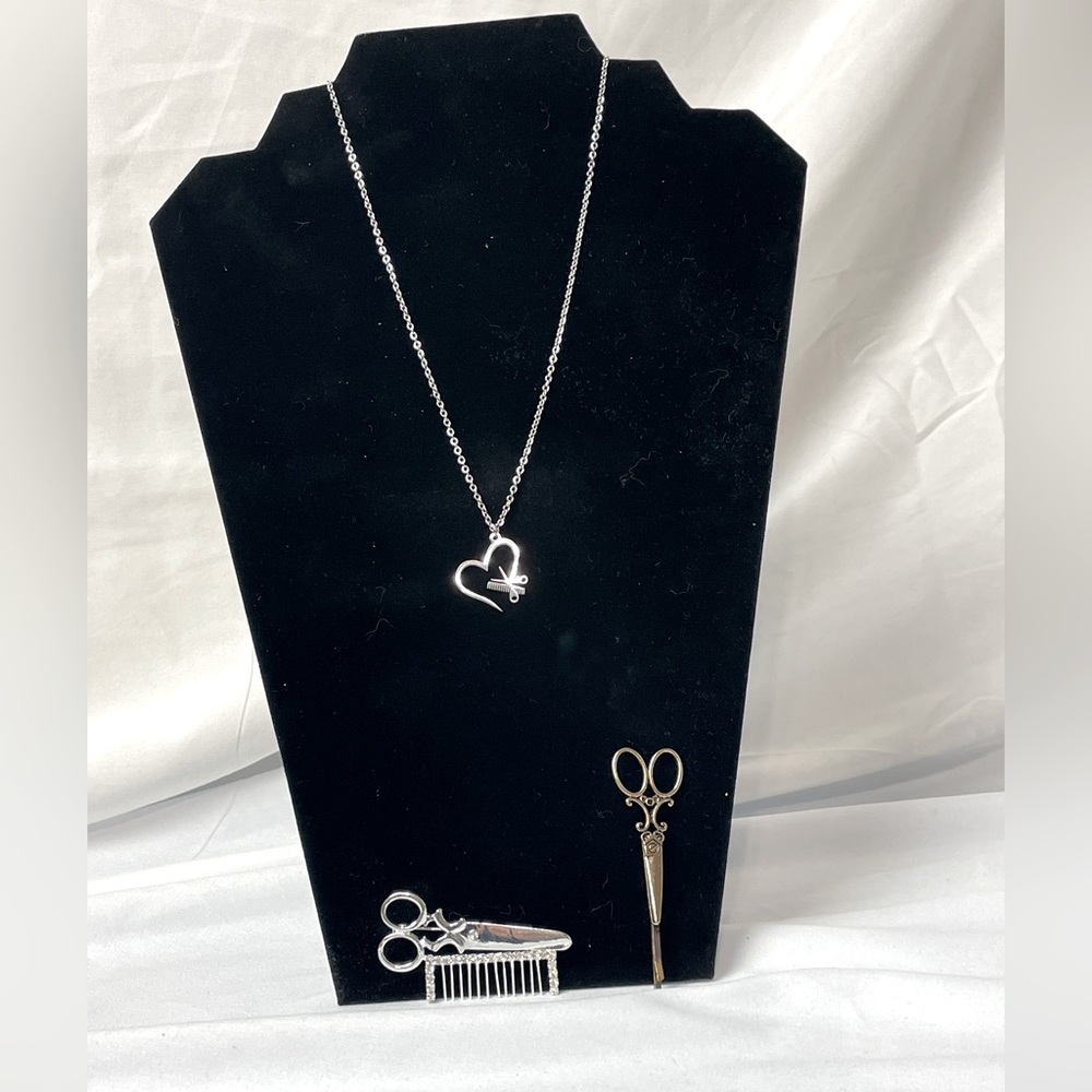 Hairstylist jewelry and accessory lot or bundle, Bobby pin, broach, and necklace